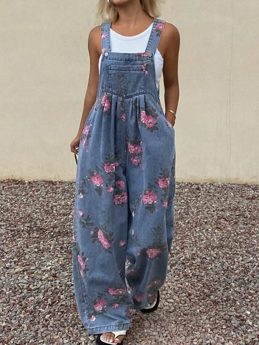 Blue Boho Women's Denim Pleated Wide-Leg Floral Jumpsuit - Picture 3 of 7